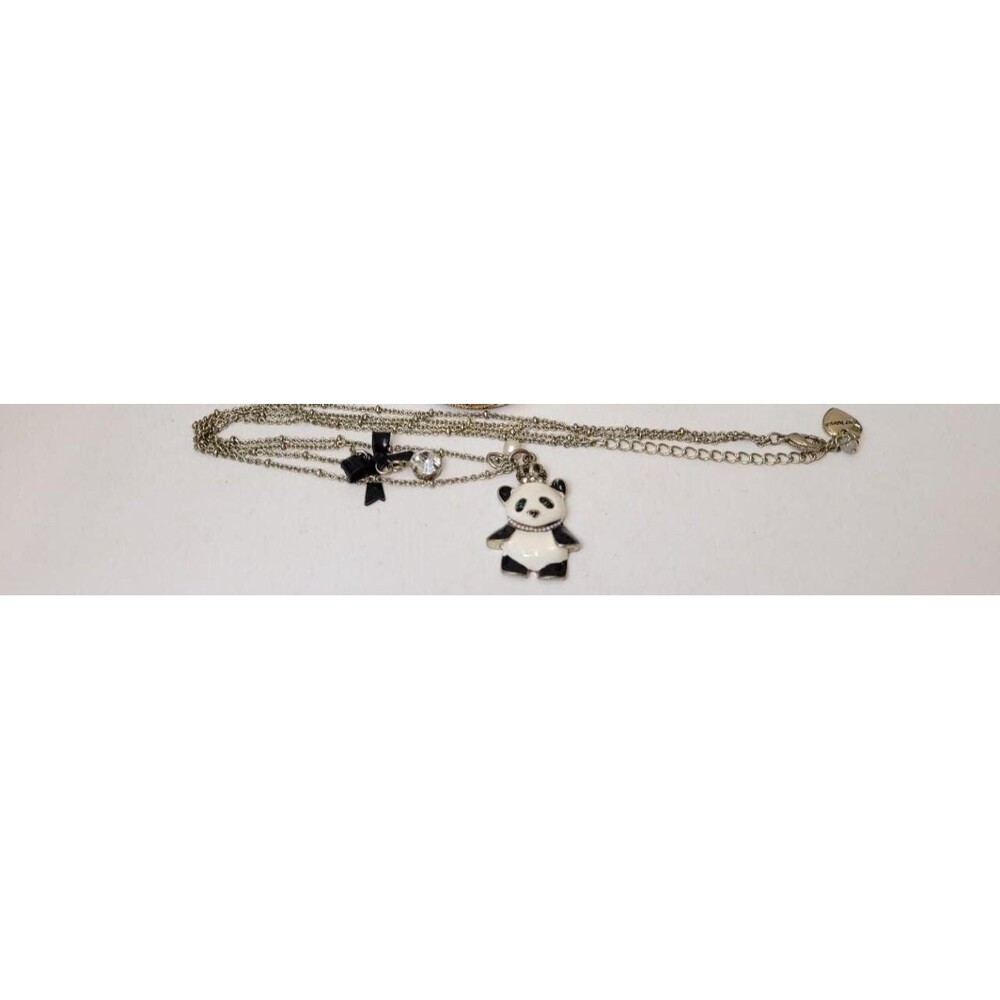 Betsey Johnson Double Layer Necklace Panda with Crown Gold Tone Green Eyes